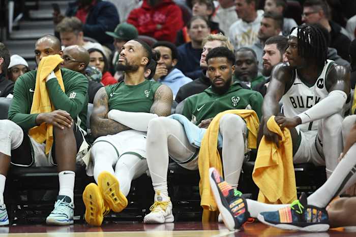 The Milwaukee Bucks bench looks on during the second half against the Cleveland Cavaliers